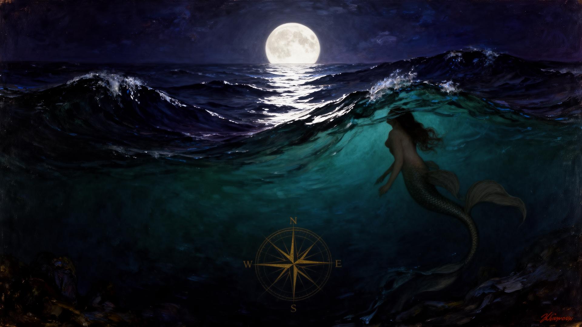 A silhouette of a mermaid beneath moonlit waves